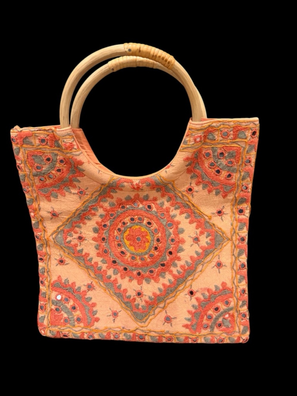 Boho Embroidered Tote Bag with‎ Round Bamboo Handles